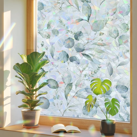 Eucalyptus Leaf Window Privacy Film, Sage Green Watercolor Botanical Static Cling Stained Glass Window Sticker Decorative Removable Rainbow Film for Glass 19.6”x39.3”