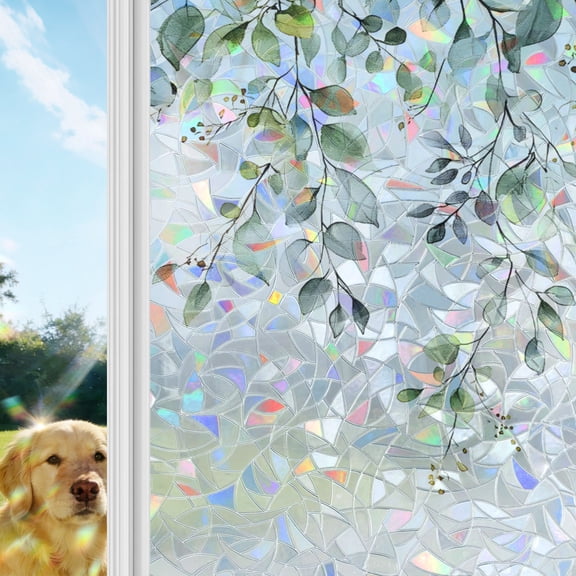 Eucalyptus Leaf Window Privacy Film Stain Glass,Reusable Decorative Rainbow Window Film,Weeping Botanical Summer Flowers Static Cling Sun Blocking Stickers Decals Covers 19.6" x 39.3" (2pcs)