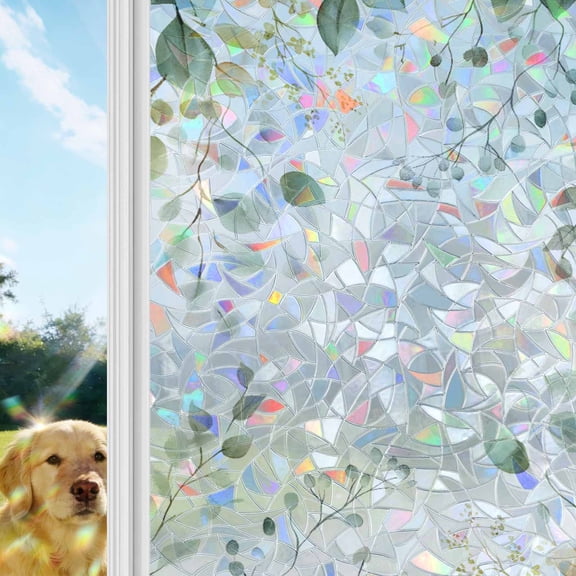 Eucalyptus Leaf Window Privacy Film Stain Glass,Reusable Decorative Rainbow Window Film,Weeping Green Botanical Summer Static Cling Sun Blocking Stickers Decals Covers 17.7" x 39.3" (2pcs)