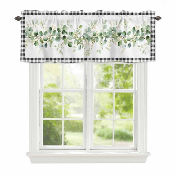 Eucalyptus Leaf Window Valance for Kitchen, Watercolor Spring Green Leaf Black Plaid Rod Pocket Short Curtain for Small Windows, Light Filtering Decorative Valance, 42 x 18 Inch