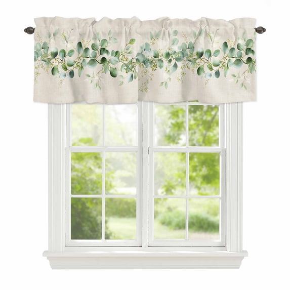 Eucalyptus Leaf Window Valance for Kitchen, Watercolor Spring Green Leaf Linen Texture Rod Pocket Short Curtain for Small Windows, Light Filtering Decorative Valance, 54 x 18 Inch