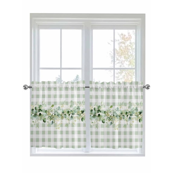 Eucalyptus Leaves 2 Panel Kitchen Curtains for Small Windows, Green Plaid Farmhouse Watercolor Bathroom Tier Curtain, Short Window Treatment for Bedroom/Living Room 55"x24"