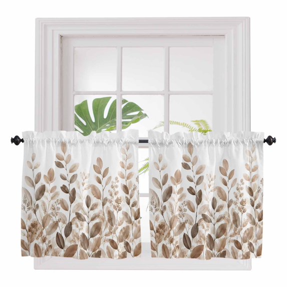 Eucalyptus Leaves 2 Panel Kitchen Curtains for Small Windows, Spring Botanical Leaf Rustic Brown Bathroom Tier Curtain, Short Window Treatment for Bedroom/Living Room 55"x36"