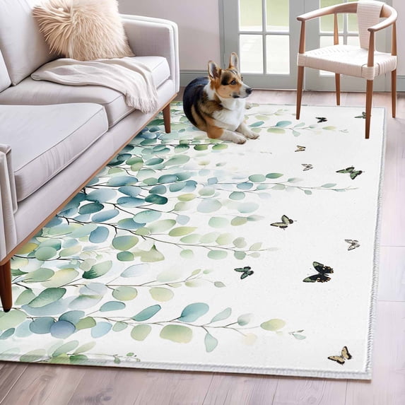 Eucalyptus Leaves 3x5 Area Rugs for Living Room, Green Leaf Butterfly Botanical Non Slip Floor Mat Washable Low-Profile Indoor Carpet for Bedroom, Dining Room, Bathroom