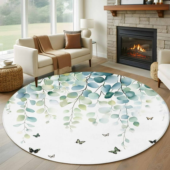 Eucalyptus Leaves 5ft Round Rug, Spring Pastoral Butterfly Botanical Non-Skid Rubber Backing Large Area Rugs - Living Room Bedroom Home Office, Indoor Floor Mat Carpets Washable Rug