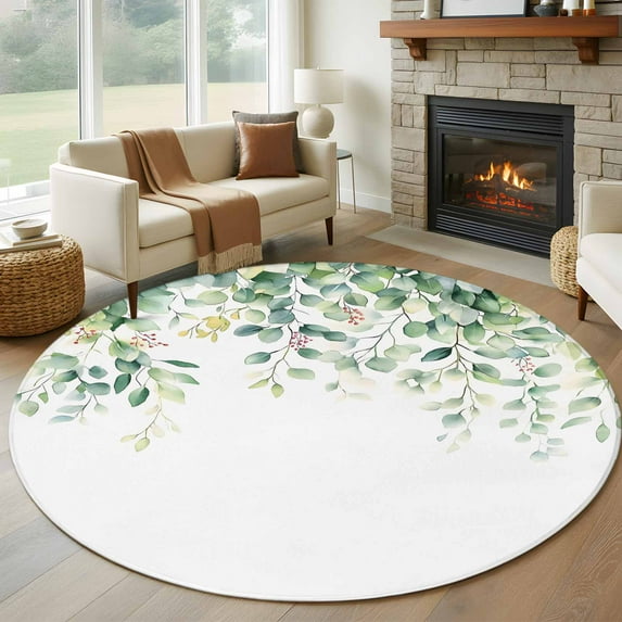 Eucalyptus Leaves 6ft Round Rug, Spring Summer Watercolor Botanical Non-Skid Rubber Backing Large Area Rugs - Living Room Bedroom Home Office, Indoor Floor Mat Carpets Washable Rug
