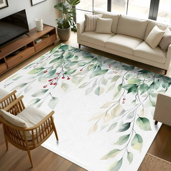 Eucalyptus Leaves 6x9 Area Rugs, Spring Botanical Pastoral Watercolor Non-Skid Rubber Backing Large Rectangle Rugs - Living Room Bedroom Home Office, Indoor Floor Mat Carpets Washable Rug