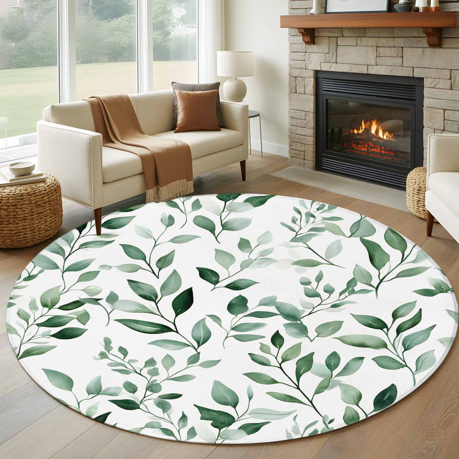 Eucalyptus Leaves 8FT Round Area Rugs for Living Room Watercolor Green ...
