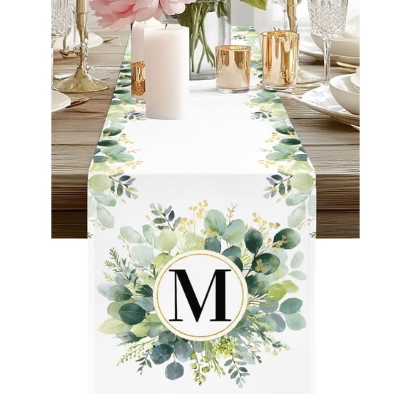 Eucalyptus Leaves Alphabet Letter M Table Runners 36 Inches Long Kitchen Dining Table Runner Dresser Scarves for Party Coffee Holiday Party Decor