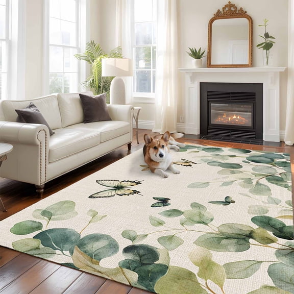 Eucalyptus Leaves Area Rug 5x8 FT, Non Slip Bedroom Throw Carpet, Spring Summer Botanical Sage Green Rustic Washable Soft Floor Carpet Non-Shedding Rug for Living Room Nursery Dorm Office
