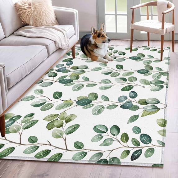 Eucalyptus Leaves Area Rugs 2.7'x5', Washable Small Throw Rugs for Kitchen Bedroom, Green Summer Botanical Watercolor Indoor Outdoor Rug Non-Slip Low Pile Carpet Runner Reversible Floor Mats