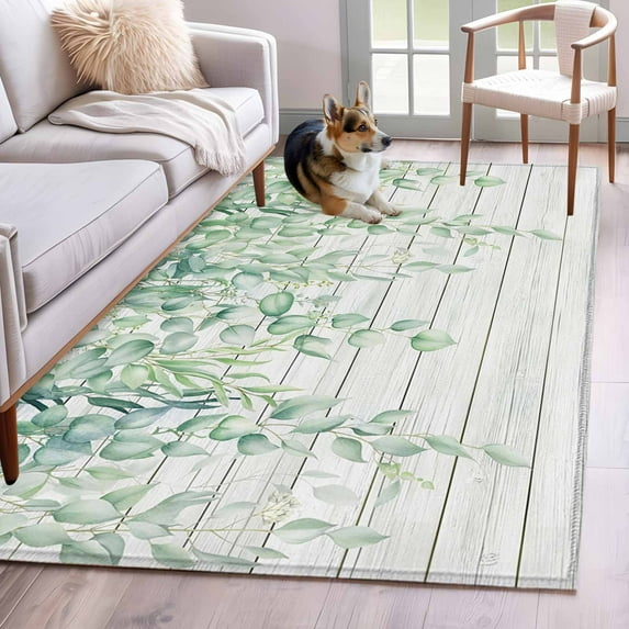 Eucalyptus Leaves Area Rugs 4'x6', Washable Small Throw Rugs for Office Bathroom, Sage Green Summer Botanical Weeping Wooden Indoor Outdoor Rug Non-Slip Low Pile Carpet Runner Reversible Floor Mats