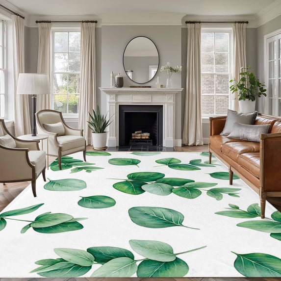 Eucalyptus Leaves Area Rugs 5'x8', Washable Small Throw Rugs for Classroom Bedroom, Spring Botanical Leaf Sage Green Indoor Outdoor Rug Non-Slip Low Pile Carpet Runner Reversible Floor Mats