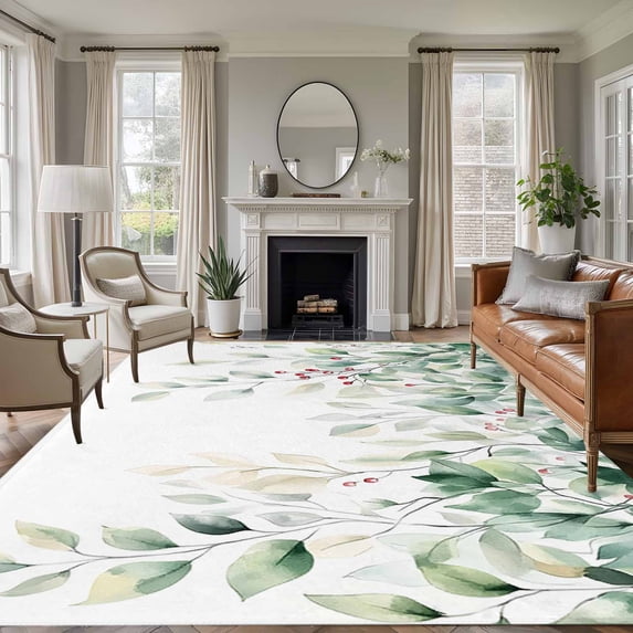 Eucalyptus Leaves Area Rugs 5x8 for Living Room, Spring Botanical Pastoral Watercolor Non Slip Washable Rug Runner, Low Pile Indoor Floor Carpet Mat Bathroom Rugs for Bedroom, Kids Room