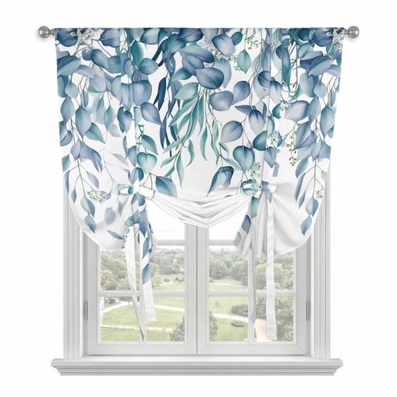 Eucalyptus Leaves Balloon Curtains for Living Room/French Door, Light Blue Summer Botanical Weeping Tie Up Curtains 63 Inch Length Energy Saving Kitchen Curtains Shades for Windows 42"x63"