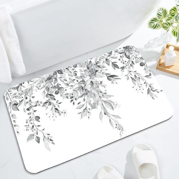 Eucalyptus Leaves Bath Mat Rug Super Absorbent Quick Dry Thin Bathroom Rugs Fit Under Door Non Slip Rubber Backed Bathroom Floor Mat for in Front of Bathtub Sink Shower (20"x32", Grey)