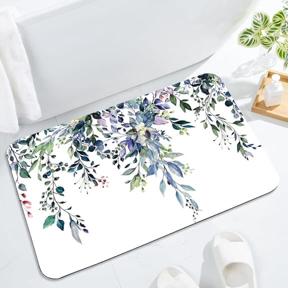 Eucalyptus Leaves Bath Mat Rug Super Absorbent Quick Dry Thin Bathroom Rugs Fit Under Door Non Slip Rubber Backed Bathroom Floor Mat for in Front of Bathtub Sink Shower (17"x24", Green)