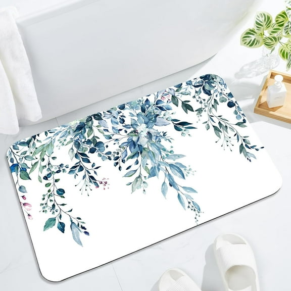 Eucalyptus Leaves Bath Mat Rug Super Absorbent Quick Dry Thin Bathroom Rugs Fit Under Door Non Slip Rubber Backed Bathroom Floor Mat for in Front of Bathtub Sink Shower (17"x24", Blue)