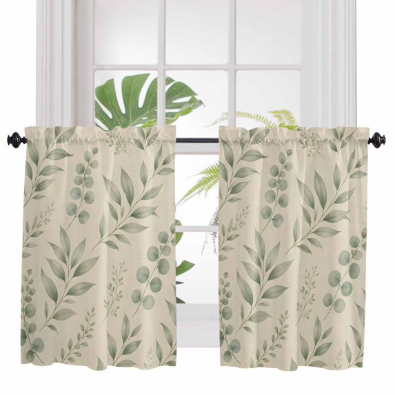 Eucalyptus Leaves Bathroom Window Curtain, Vintage Farmhouse Botanical Leaf Branches Light Filtering Coffee Kitchen Curtains, Bedroom Living Room Curtains 2 Panel 84"x45"