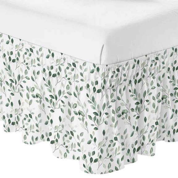 Eucalyptus Leaves Bed Skirt Cal King Size 16 Inch Drop, Adjustable & Elastic Wrap Around Bed Skirts Pleated Dust Ruffles For Twin Full Queen Cal King Base Beds, Watercolor Summer Botanical Green