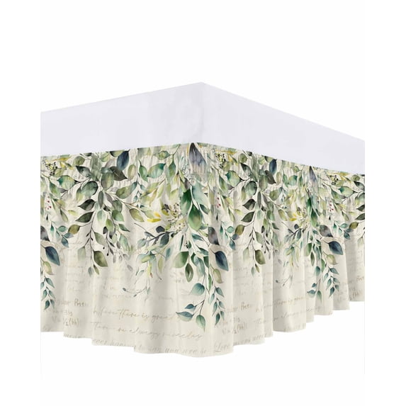 Eucalyptus Leaves Bed Skirt Cal King Size,Watercolor Weeping Teal Botanical Vintage Wrap Around Bed Skirting with Adjustable Elastic Strap,Dust Ruffled Pleated Bedskirts 18 Inch Drop for Bedroom Beds