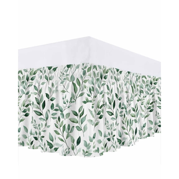 Eucalyptus Leaves Bed Skirt Queen Size 18" Drop Watercolor Green Plant Leaf Ruffled Wrap Around Bed Skirts Adjustable Elastic Bedskirt Dust Ruffle for Queen Size Bed