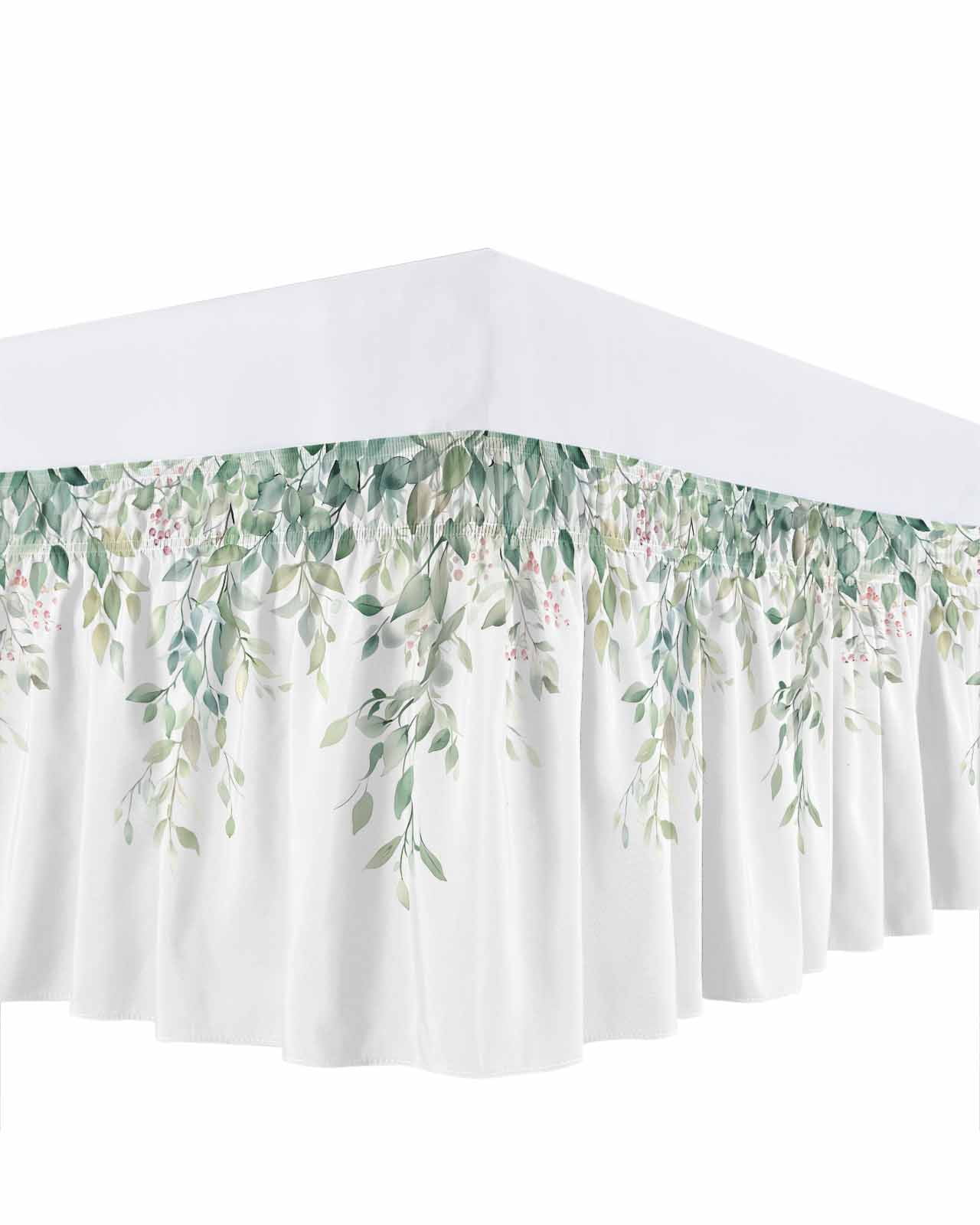 Eucalyptus Leaves Bed Skirt Queen Size, Sage Green Botanical Spring Summer Wrap Around Bed Skirting with Adjustable Elastic Strap, Dust Ruffle Pleated Bedskirts 16 Inch Drop for Bedroom Queen Beds