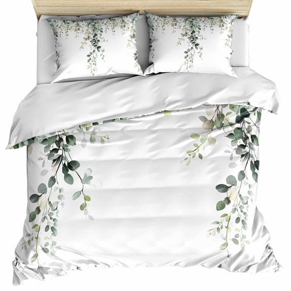 Eucalyptus Leaves Bedding 3 Piece Duvet Cover Set Full Size, Spring Sage Green Summer Botanical Soft Microfiber Comforter Cover with Zipper Closure & Pillowcases, Wrinkle & FadeResistant Quilt Cover