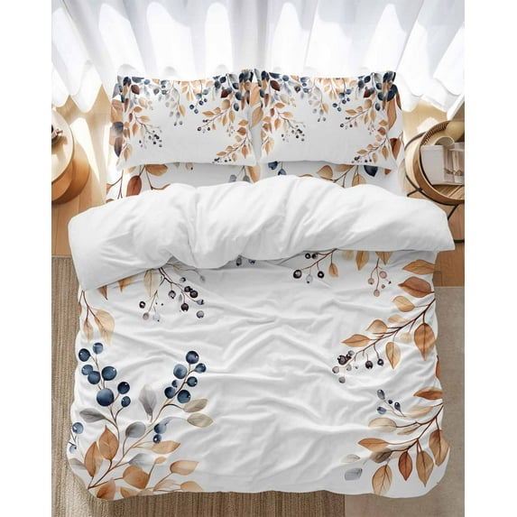 Eucalyptus Leaves Bedding Duvet Cover Set Twin Size 4 Pieces Fall Berry Watercolor Plant Leaves Bedding Set with Zipper Closure, 1 Comforter Cover 68x86 Inches 1 Flat Sheet & 2 Pillow Cases