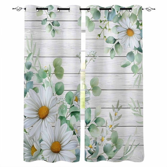 Eucalyptus Leaves Black Out Curtains 63 Inch Long, Room Darkening Draperies Curtains Panels, Daisy Spring Floral Botanical Wooden Thermal Insulated Curtain for Bedroom Living Room 52"x63" 2 Panels