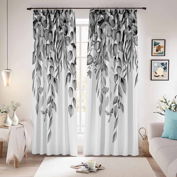 Eucalyptus Leaves Blackout Curtains for Bedroom/Living Room, Pinch Pleated Black Out Curtains, Black Grey Summer Botanical Weeping Room Darkening Window Drapes with Hooks 2 Panels, 59"x70"