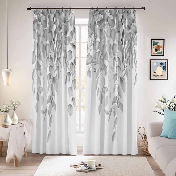 Eucalyptus Leaves Blackout Curtains for Bedroom/Living Room, Pinch Pleated Black Out Curtains, Grey Summer Botanical Weeping Room Darkening Window Drapes with Hooks 2 Panels, 59"x70"