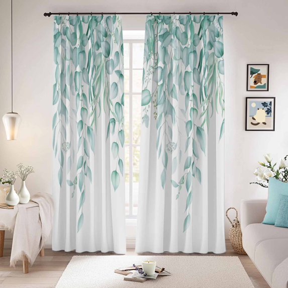 Eucalyptus Leaves Blackout Curtains for Bedroom/Living Room, Pinch Pleated Black Out Curtains, Turquoise Summer Botanical Weeping Room Darkening Window Drapes with Hooks 2 Panels, 39"x70"