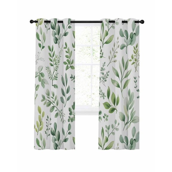 Eucalyptus Leaves Blackout Curtains, Light Blocking Print Window Curtains, Sage Green Watercolor Farmhouse Thermal Insulated Window Drapes for Living Room Kitchen Cafe 2 Panels, 84"W x 84"L