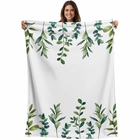 Eucalyptus Leaves Blanket Soft Cozy Warm Throw Blanket for Couch, Plush Fuzzy Flannel Fleece Blankets for Sofa, Spring Pastoral Botanical Leaf Watercolor Bed Blankets Gifts for Men, 50"x80"