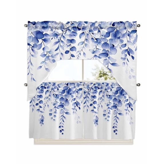 Eucalyptus Leaves Blue Kitchen Curtains Swag Valance and Tier Curtains Set 24 Inch Length, Watercolor Spring Botanical Rod Pocket Drape Panels Pair Swag Curtains for Bathroom/Cafe/Window
