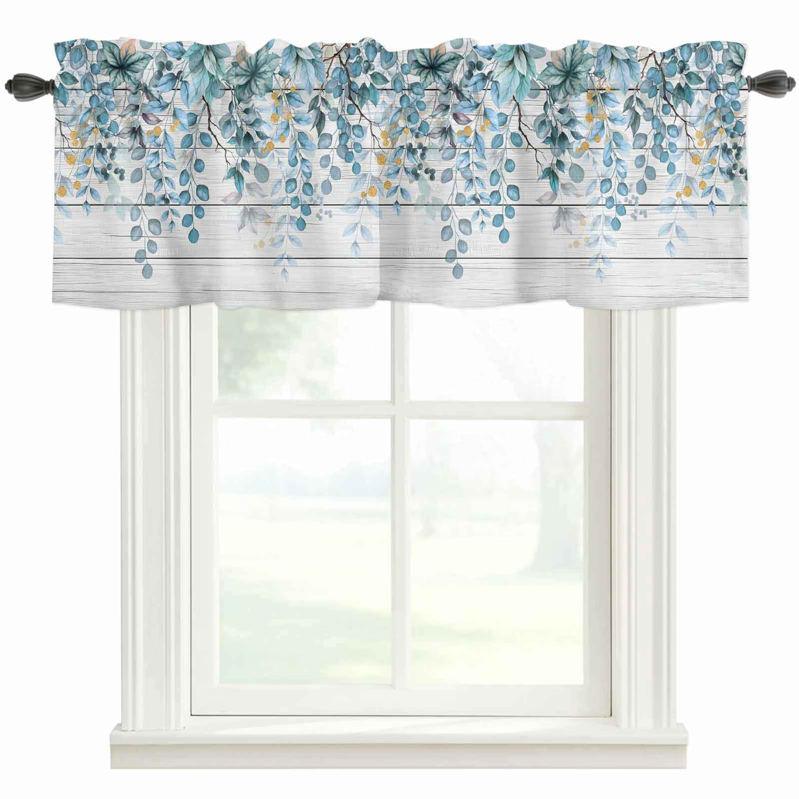 Eucalyptus Leaves Blue Window Valance Curtain Farmhouse Wood Grain Rod ...