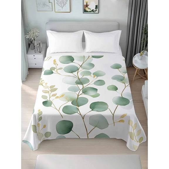 Eucalyptus Leaves California King Size Flat Sheet, Wrinkleproof & Fadeproof Cooling Flat Bed Sheet Only, Green Gold Spring Botanical Branch Breathable Soft Bedding Top Sheets 108 x 98 Inches