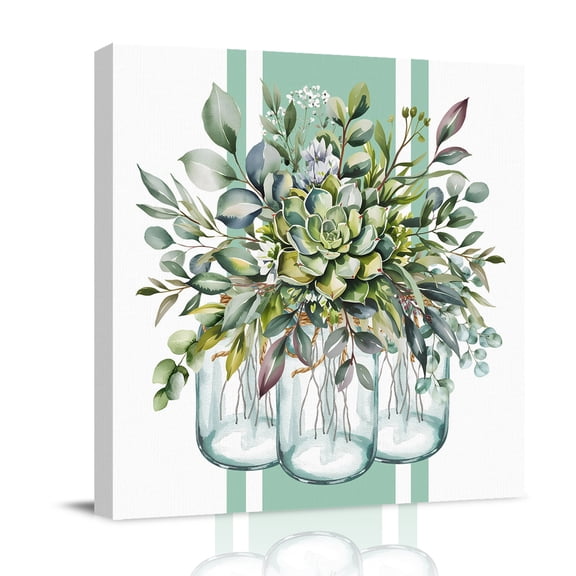 Eucalyptus Leaves Canvas Wall Art for Living Room, Green Striped Glass Bottles Plants Spring Wall Decor Framed Artwork Pictures Ready to Hang for Bedroom Office Home Decor