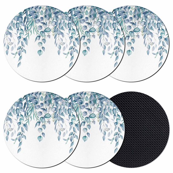 Eucalyptus Leaves Coasters Set of 6, Absorbent Coasters for Drinks, Light Blue Summer Botanical Weeping Coaster for Desk Coffee Table Protection, Home Decor House Warming Gifts 4"