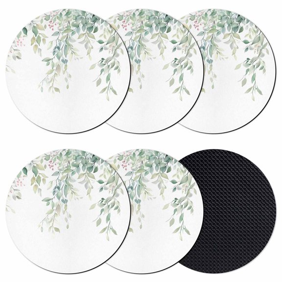 Eucalyptus Leaves Coasters Set of 6, Soft Absorbent Coasters for Drinks, Sage Green Botanical Spring Summer Non-Slip Cup Coaster Mat with Rubber Bottom for Home Kitchen Desk Coffee Bar Table Decor 4"
