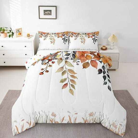Eucalyptus Leaves Comforter Set Twin Size Teens Adults,Oil Painting Trees Leaves Bedding Set,Fall Leaves Bed Set,Harvest Down Comforter Bedroom Decor