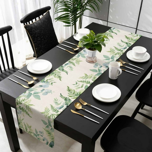 Eucalyptus Leaves Cotton Linen Small Table Runner 13 x 36 inch Rustic Sage Green Botanical Burlap Non-slip Rectangular Dining Table Decor for Wedding Party Holiday Dinner