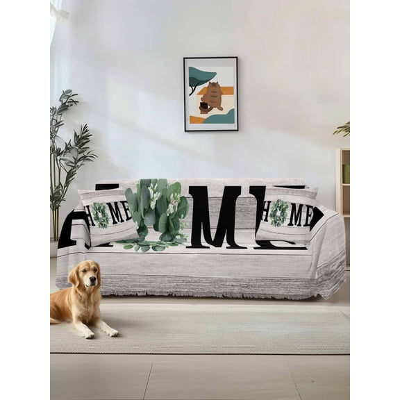 Eucalyptus Leaves Couch Cover Sofa Covers 3 Cushion Sectional Couch, Rustic Botanical Plants Text Wood Grain Washable Sofa Covers Slipcover Sectional Sofa Cover, Furniture Protector 71"x150"