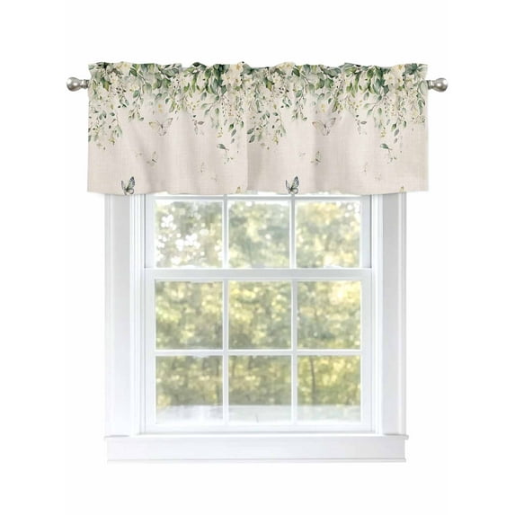 Eucalyptus Leaves Curtain Valances for Windows, Farmhouse Botanical Vines Butterfly Kitchen Valance Window Treatment, Light Filtering Block Curtains for Bathroom/Bedroom/Living Room 60'' x 18''