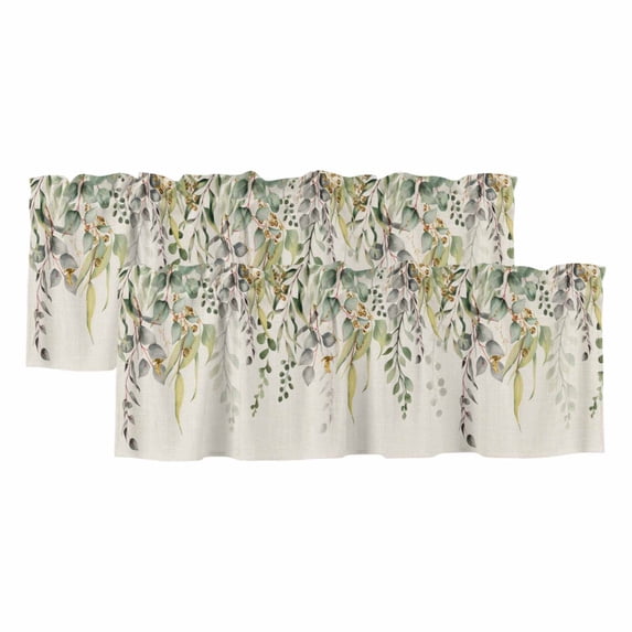 Eucalyptus Leaves Curtain Valances for Windows, Kitchen Valance Window Treatments Panel 2 Pack, Green Summer Botanical Rustic Rod Pocket Short Curtains for Bathroom Bedroom 42 x 12 Inch