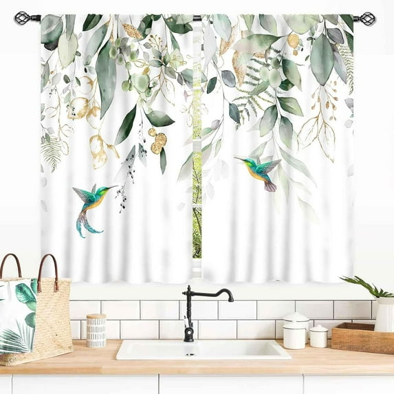 Eucalyptus Leaves Curtains, Boho Floral Birds Print Farmhouse Country Green Plants Botanical Blackout Small Short Curtains for Bathroom Window Bedroom Living Room Kitchen 2 Panel Sets, 55x39 Inch
