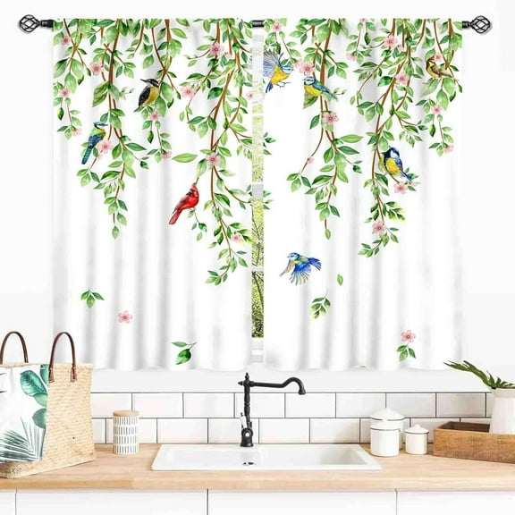 Eucalyptus Leaves Curtains, Boho Floral Birds Print Farmhouse Window Treatments Country Green Plants Botanical Blackout Drapes for Bedroom Living Room Kitchen 2 Panel Sets, 40x28 Inch