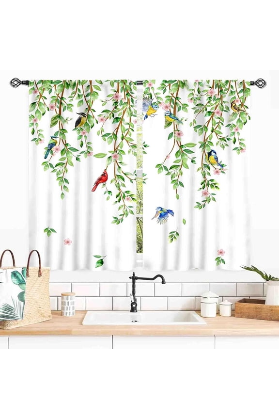 Eucalyptus Leaves Curtains, Boho Floral Birds Print Farmhouse Window Treatments Country Green Plants Botanical Blackout Drapes for Bedroom Living Room Kitchen 2 Panel Sets, 40x28 Inch