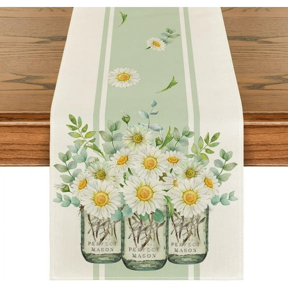 Eucalyptus Leaves Daisy Vase Table Runner, Spring Easter Summer Seasonal Holiday Kitchen Dining Table Decoration for Indoor Outdoor Home Party Decor 13 x 72 Inch